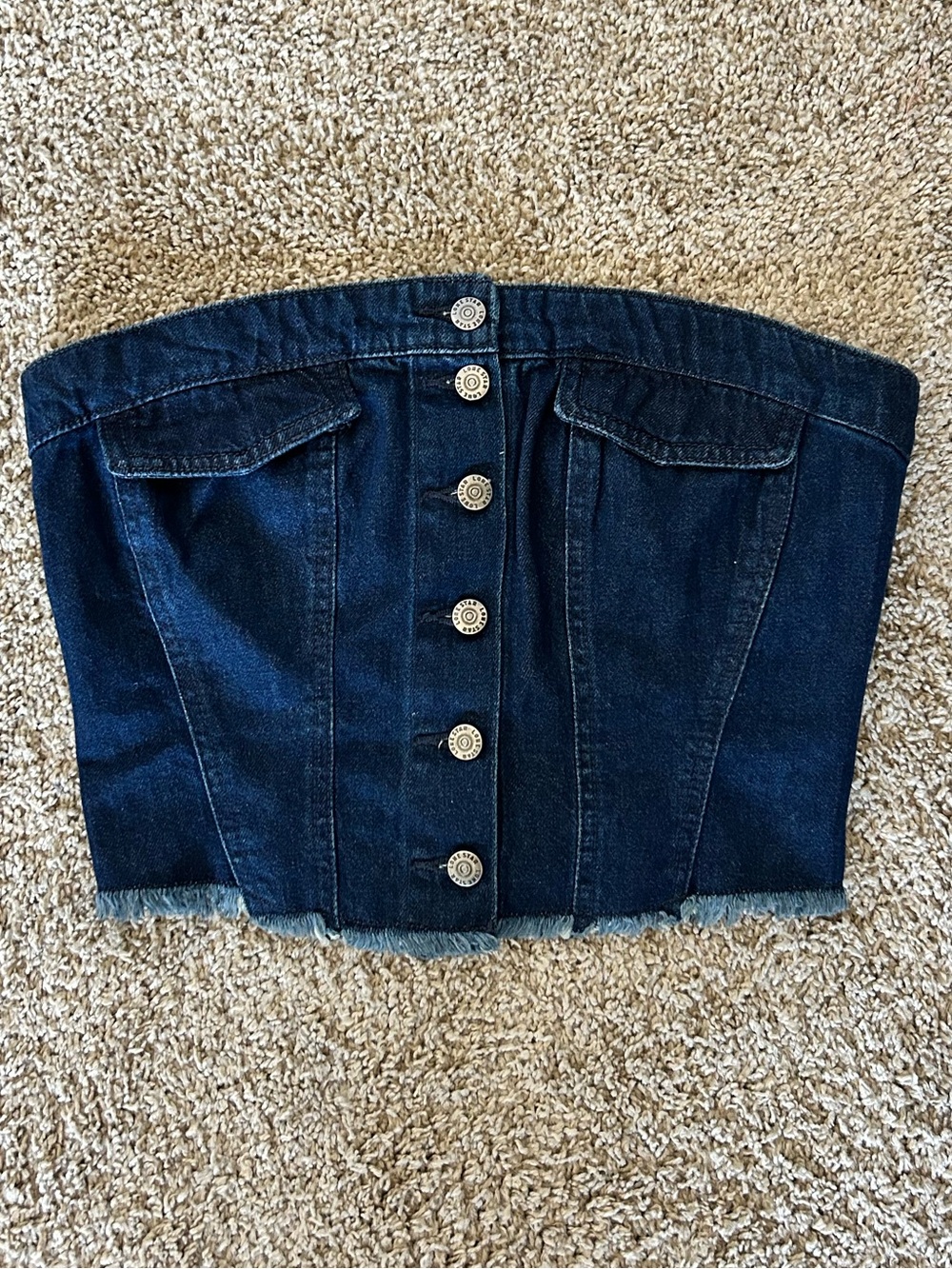Y2K Inspired Denim Button-Strapless Corset Top - Dark Blue